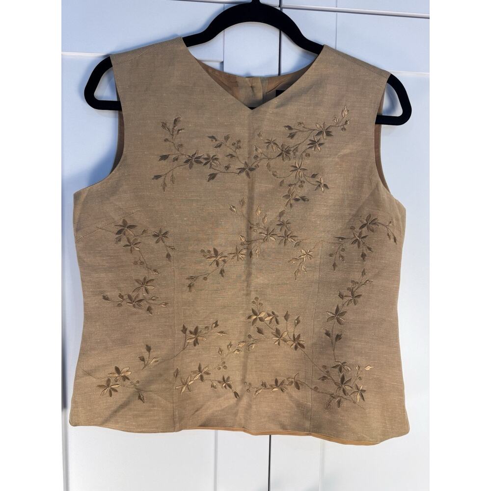 Anne Carson Silk Blend Embroidered Floral Top Sz S Sleeveless Beige Elegant